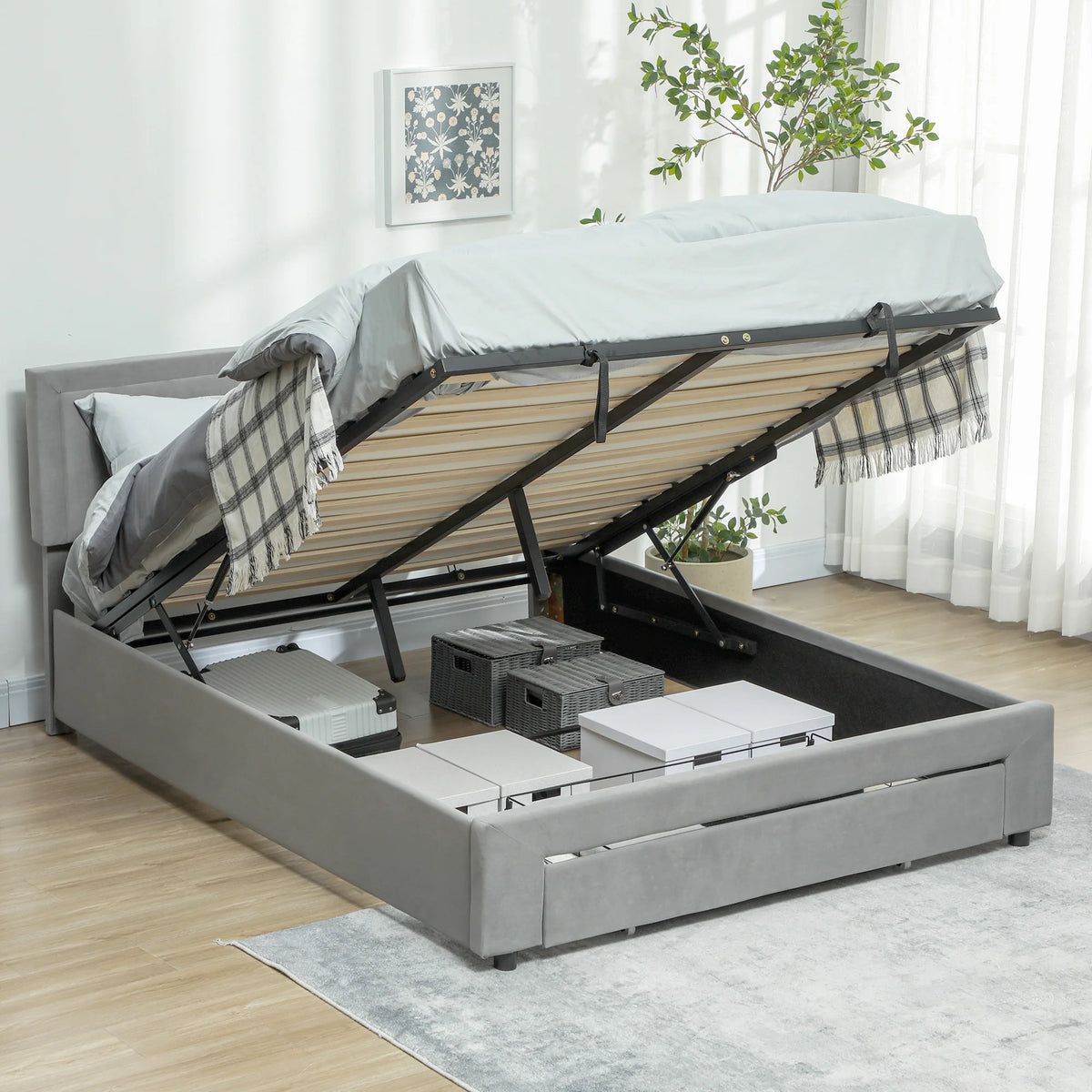 Double Ottoman Bed Frame with Hydraulic Lift Storage 140x193.5cm Wheeled Front Drawer Adjustable Velvet Headboard