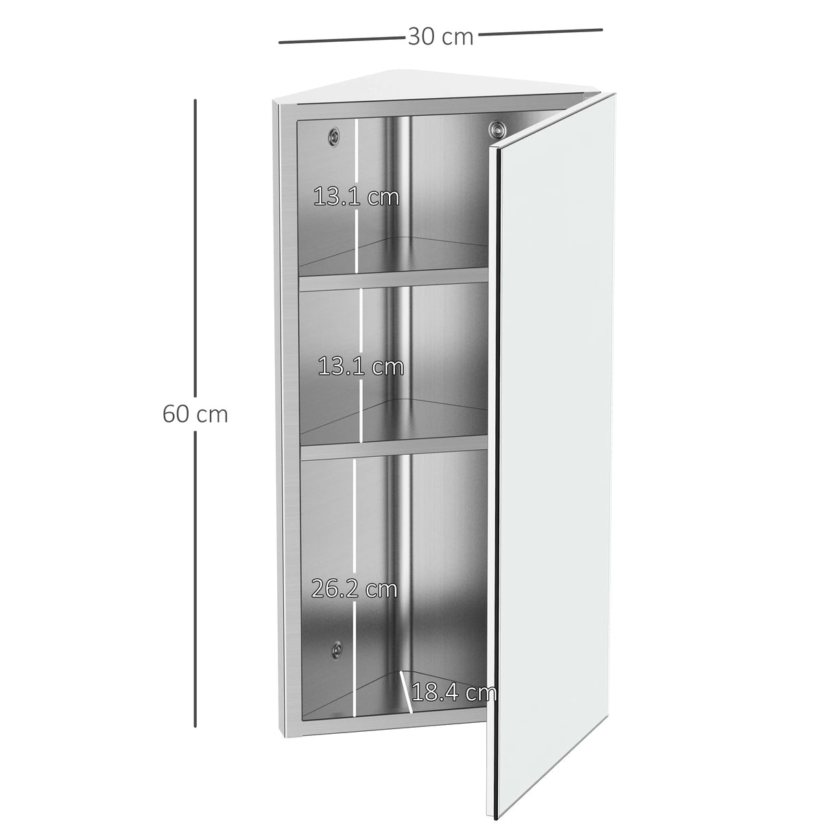 Bathroom Corner Mirror Cabinet Wall Mounted Stainless Steel with 3 Shelves and Frameless Mirrored Door