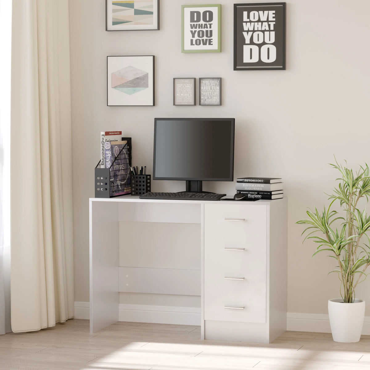 Computer Writing Desk with 4 Drawers, High Gloss Home Office Workstation