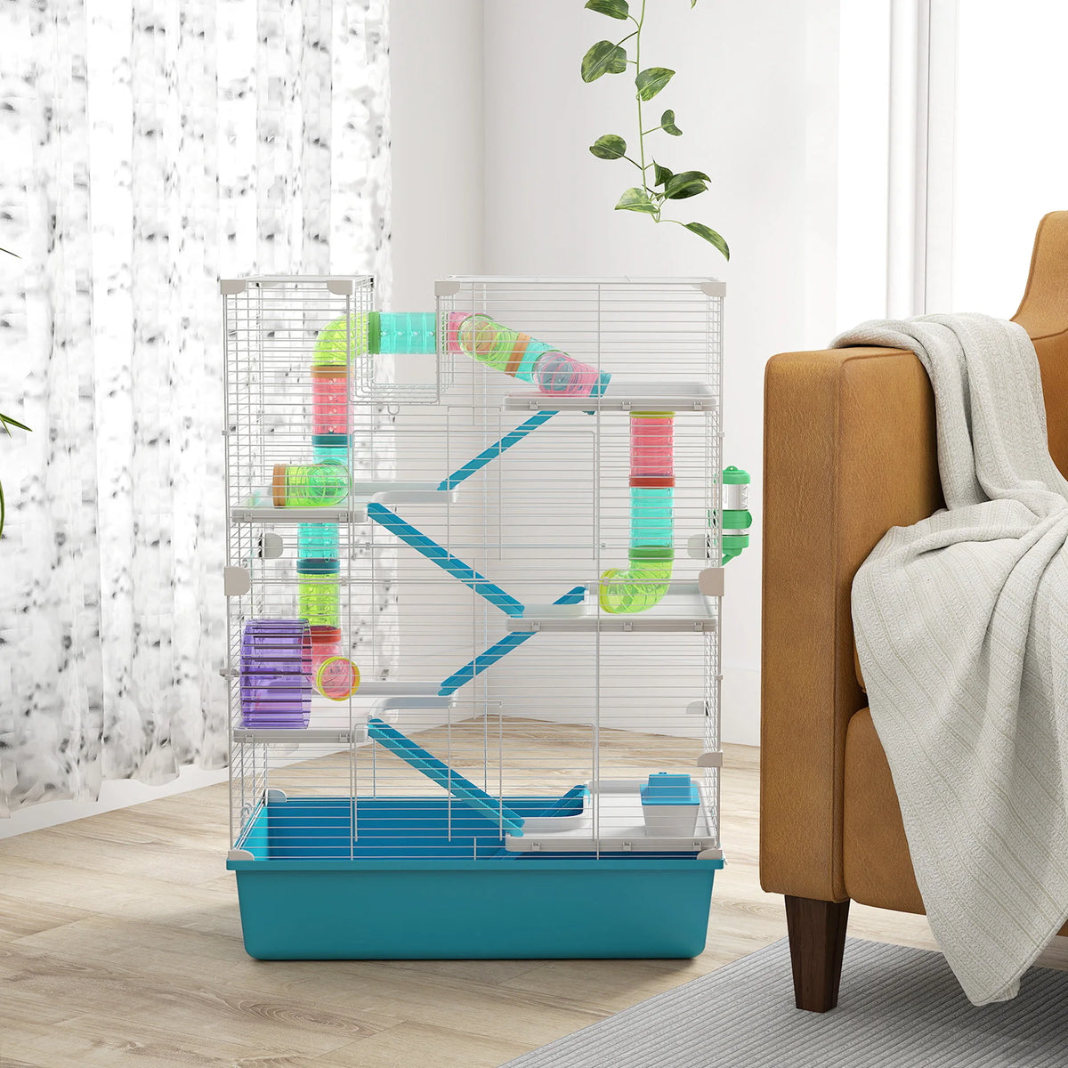 6 Tier Twin Tower Hamster Cage 58x36x81cm with Tube System 13cm Deep Base and 0.9cm Bar Spacing Light Blue