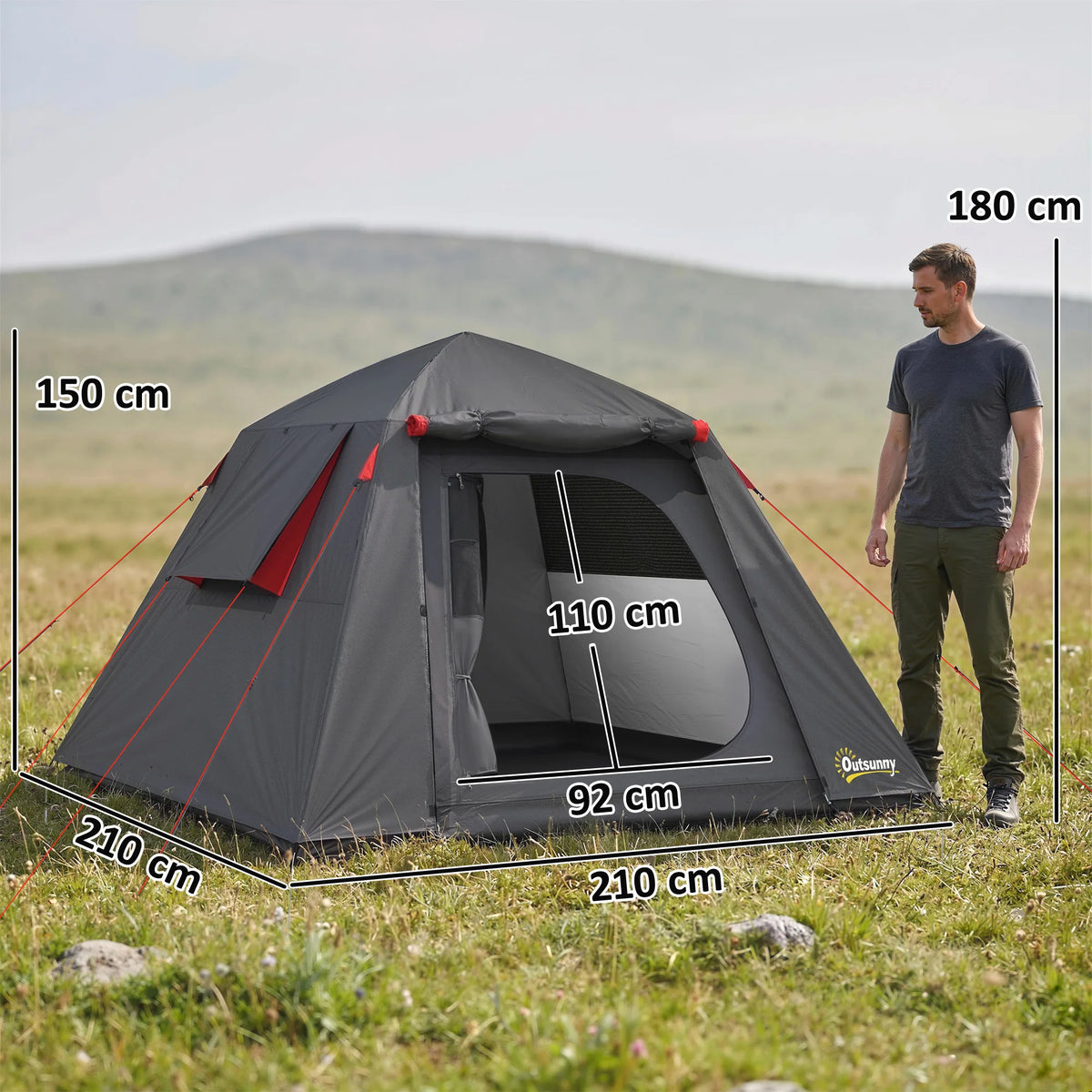 2 Person Dome Camping Tent with 2 Doors, 3000mm Waterproof Rating, Dark Grey and Red