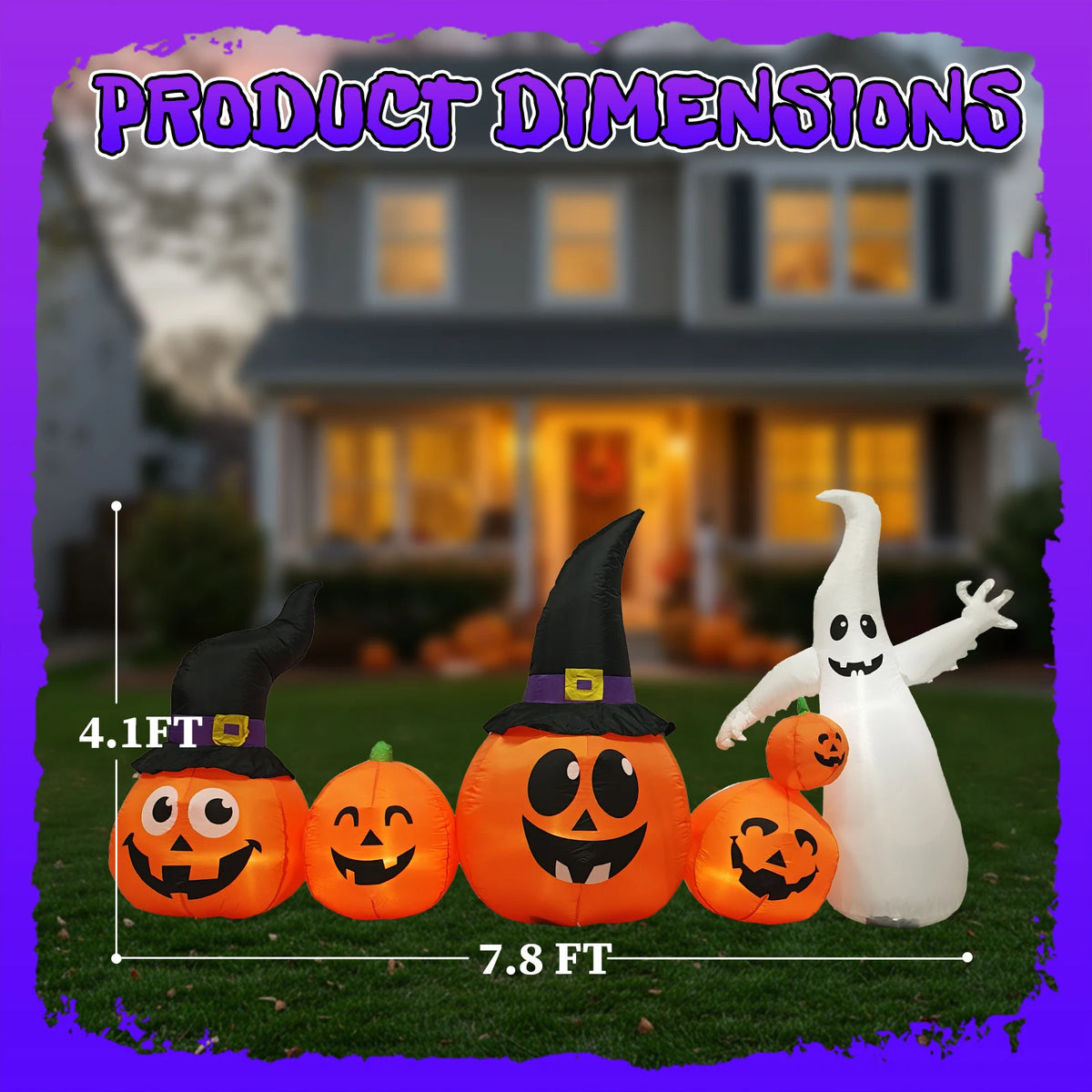 8ft Halloween Inflatable Pumpkins and Ghost with Witch Hats, LED Light-Up Garden Decoration