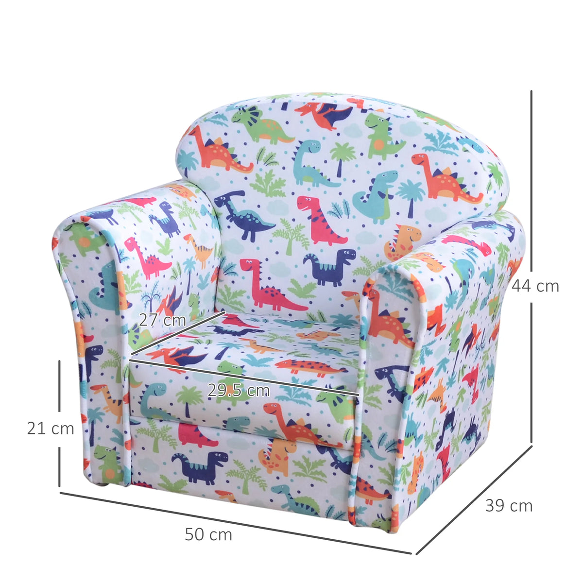 Kids Tub Chair with Dinosaur Print Flannel Feel Upholstery Wooden Frame Thick Foam and Non Slip Feet