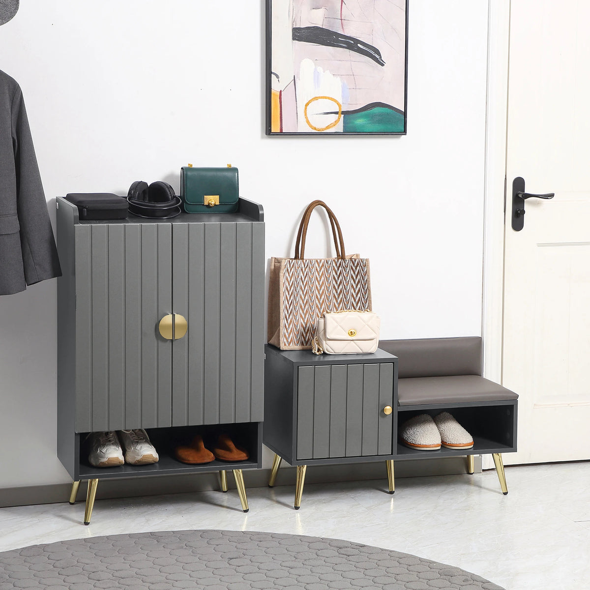Hallway Shoe Cabinet with Adjustable Shelves and Steel Legs, Grey