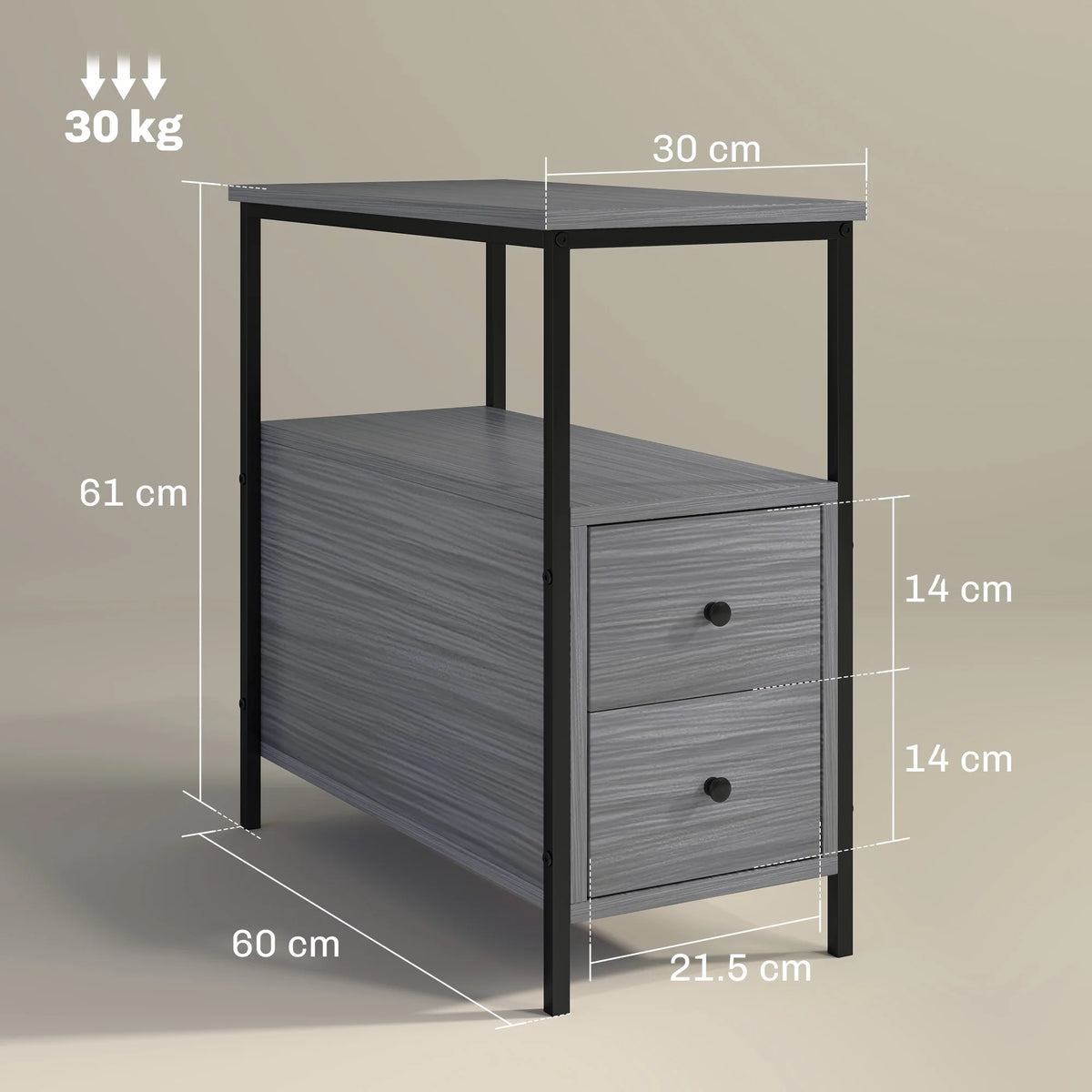 Narrow End Table, Sofa Side Table with 2 Drawers Storage Shelf, Grey
