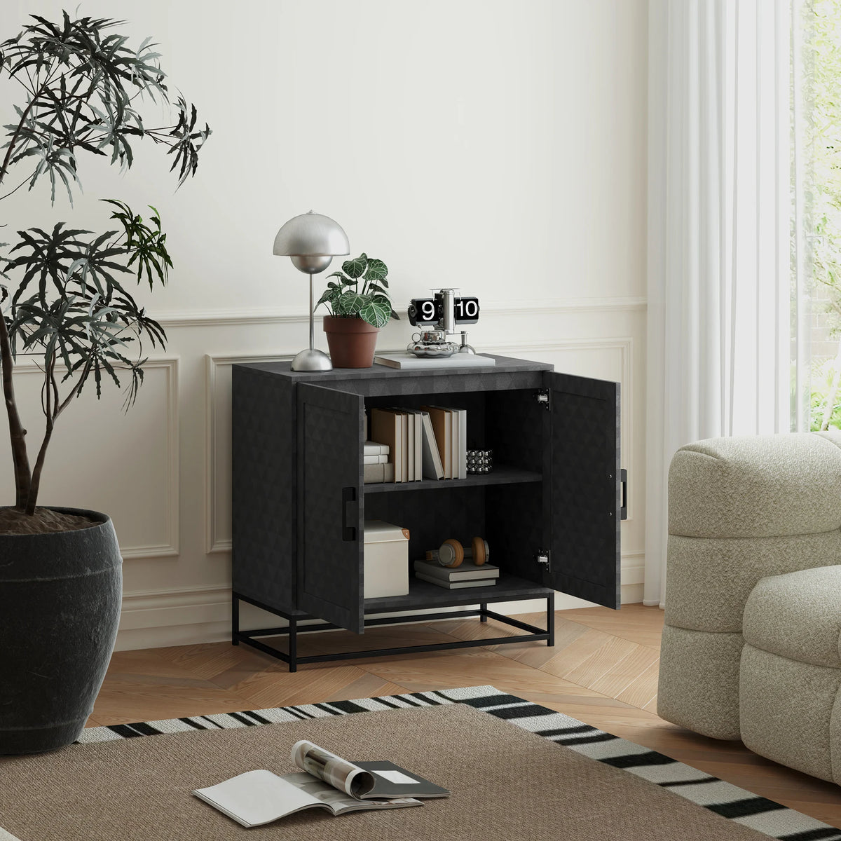 Modern Sideboard Storage Cabinet with 2 Doors and Adjustable Shelf, Black