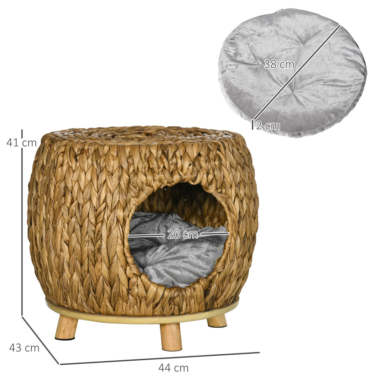 Rattan Cat House and Stool 44x43x41cm Water Hyacinth Cat Cave with Washable Cushion for Cats Under 5kg