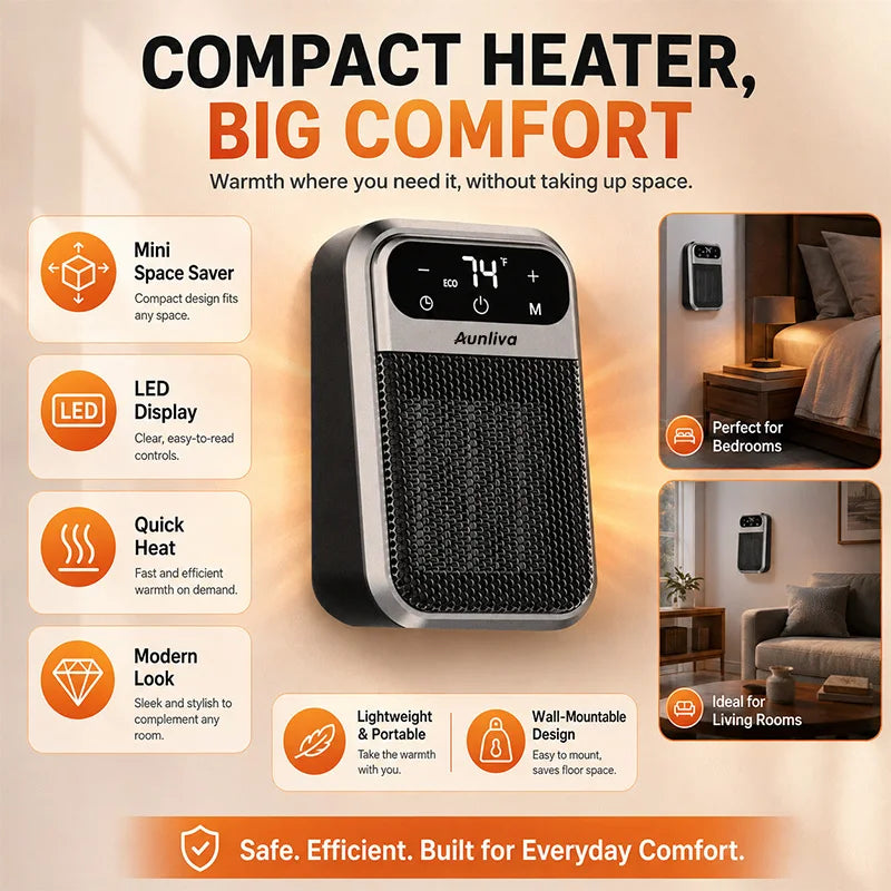 Plug-in Wall Heater with Remote Control, Compact Electric Heater for Home and Office