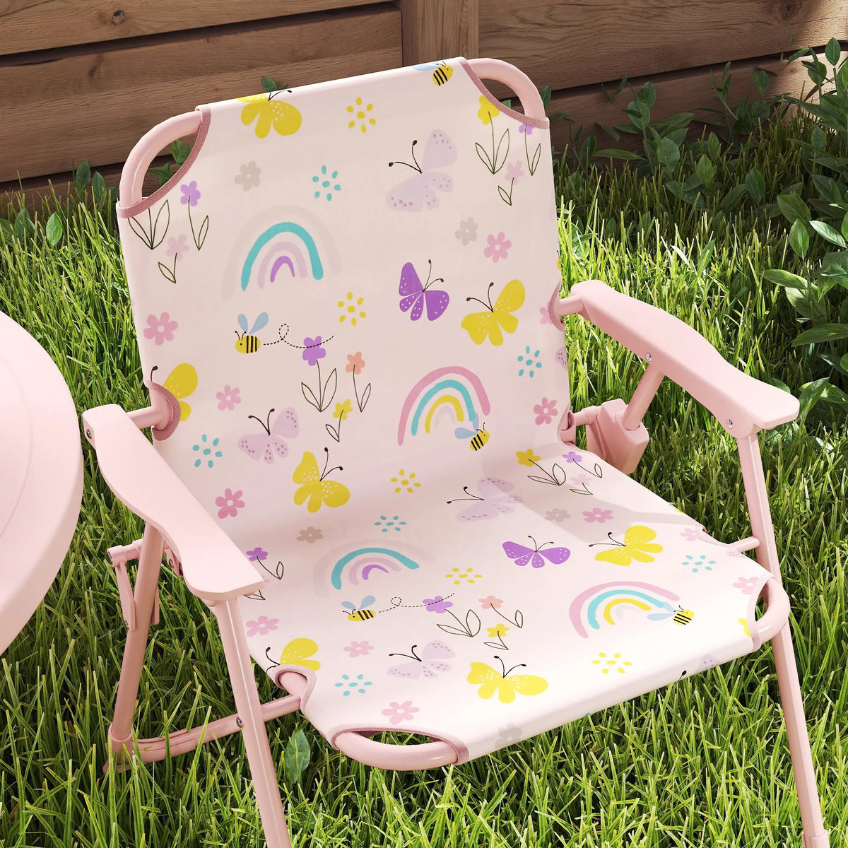 Kids Garden Table and Chair Set with Parasol 4 Piece Folding Outdoor Patio Set Rainbow Design Pink