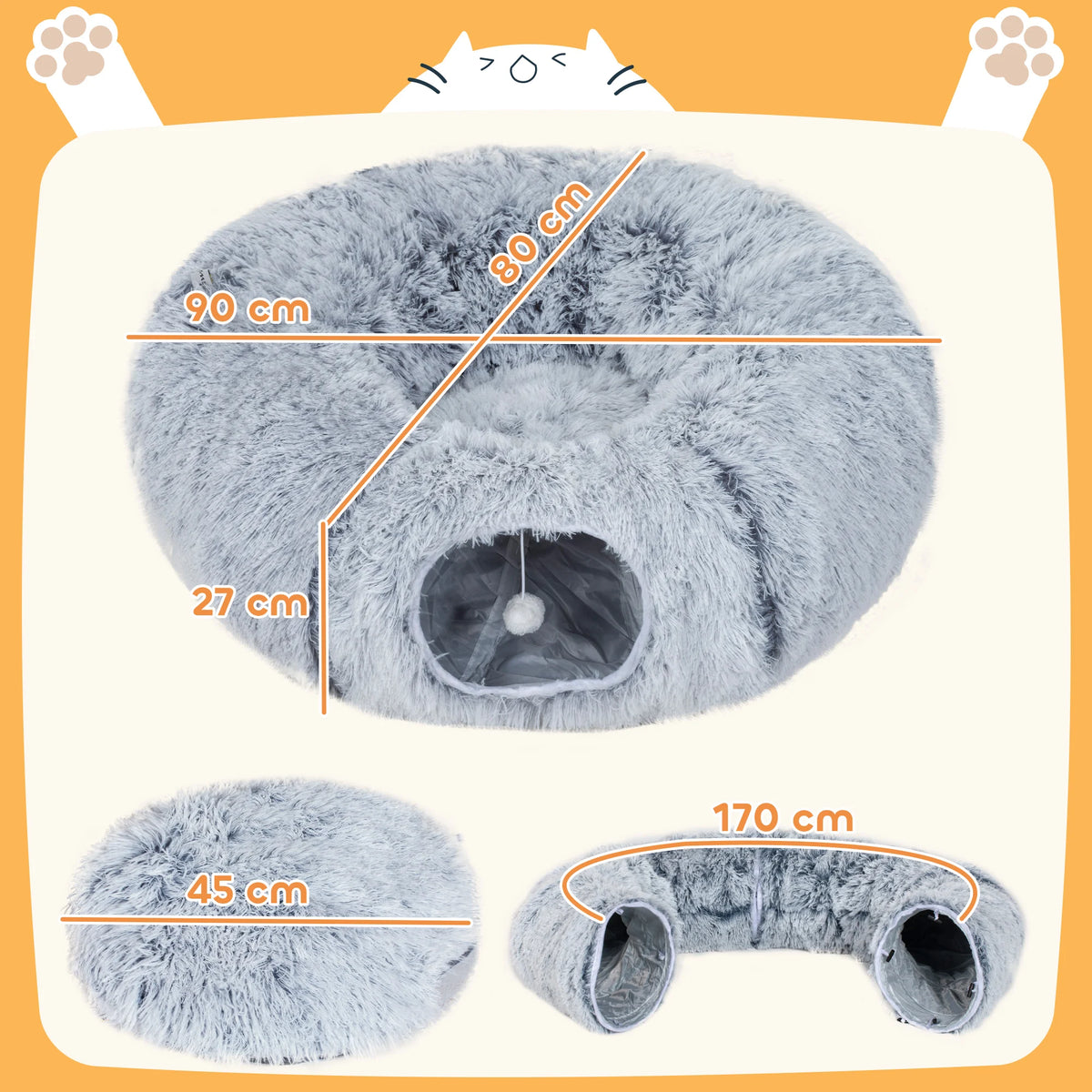 Cat Play Tunnel Bed with Washable Cushion and Toy Ball, Light Grey