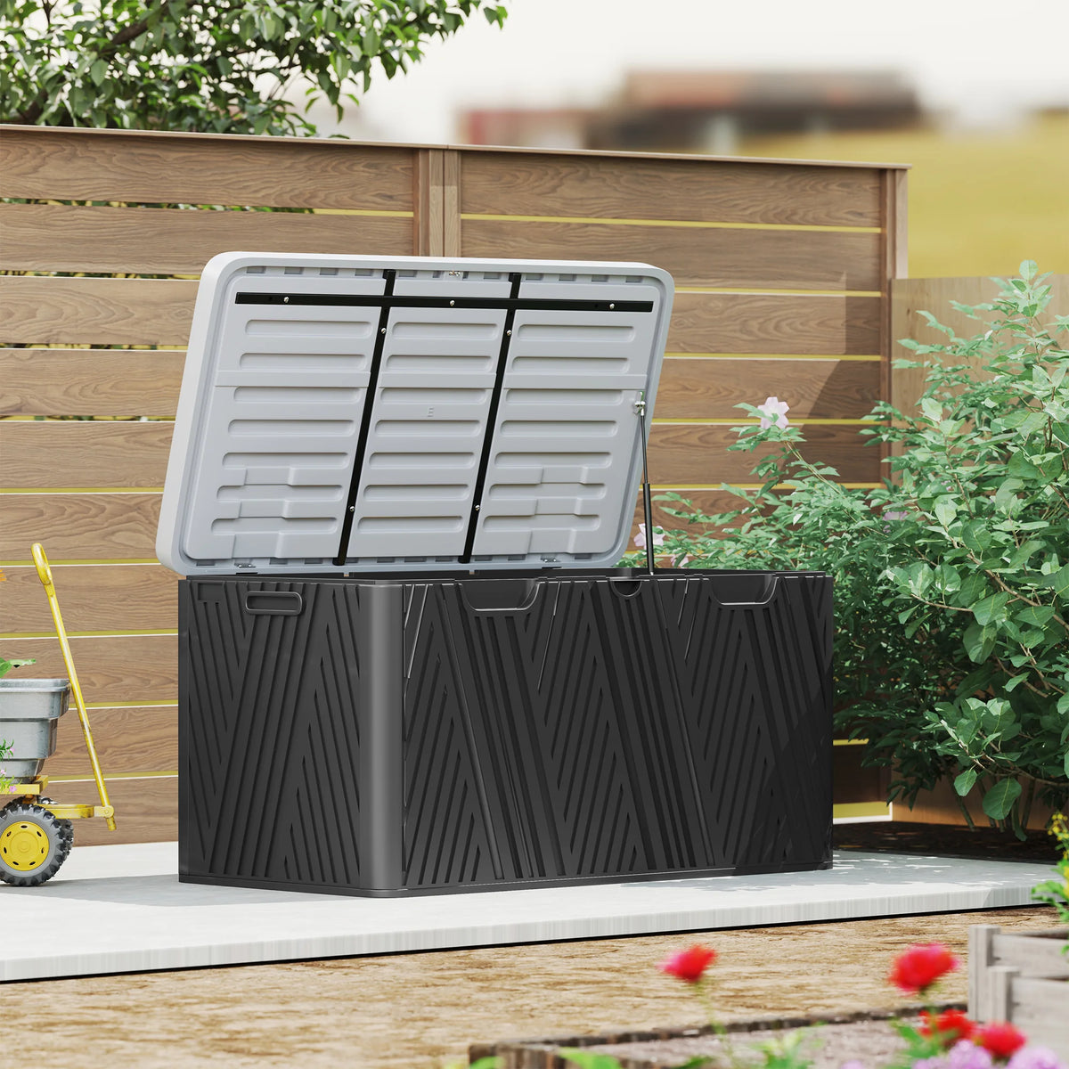 Garden Storage Box 380L Waterproof Two Layer HDPE with Gas Strut Lid and Lockable Option Outdoor