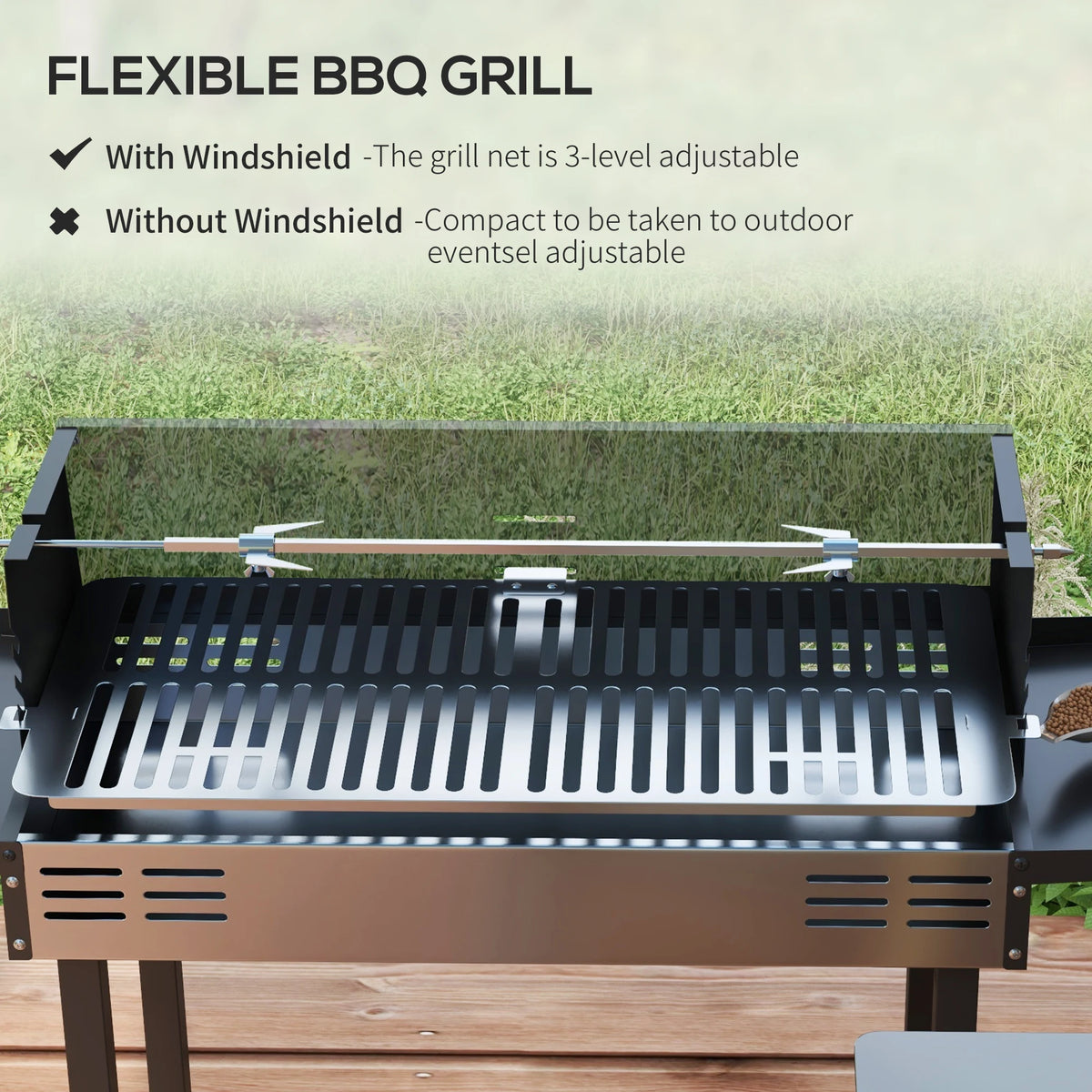 Charcoal Spit Roaster BBQ with 3-Level Rotisserie and Folding Side Shelves