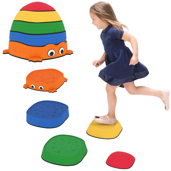 Set of 5 Kids Stepping Stones Frog Shaped Balance Stones with Anti Slip Edging 80kg Stackable Indoor Outdoor