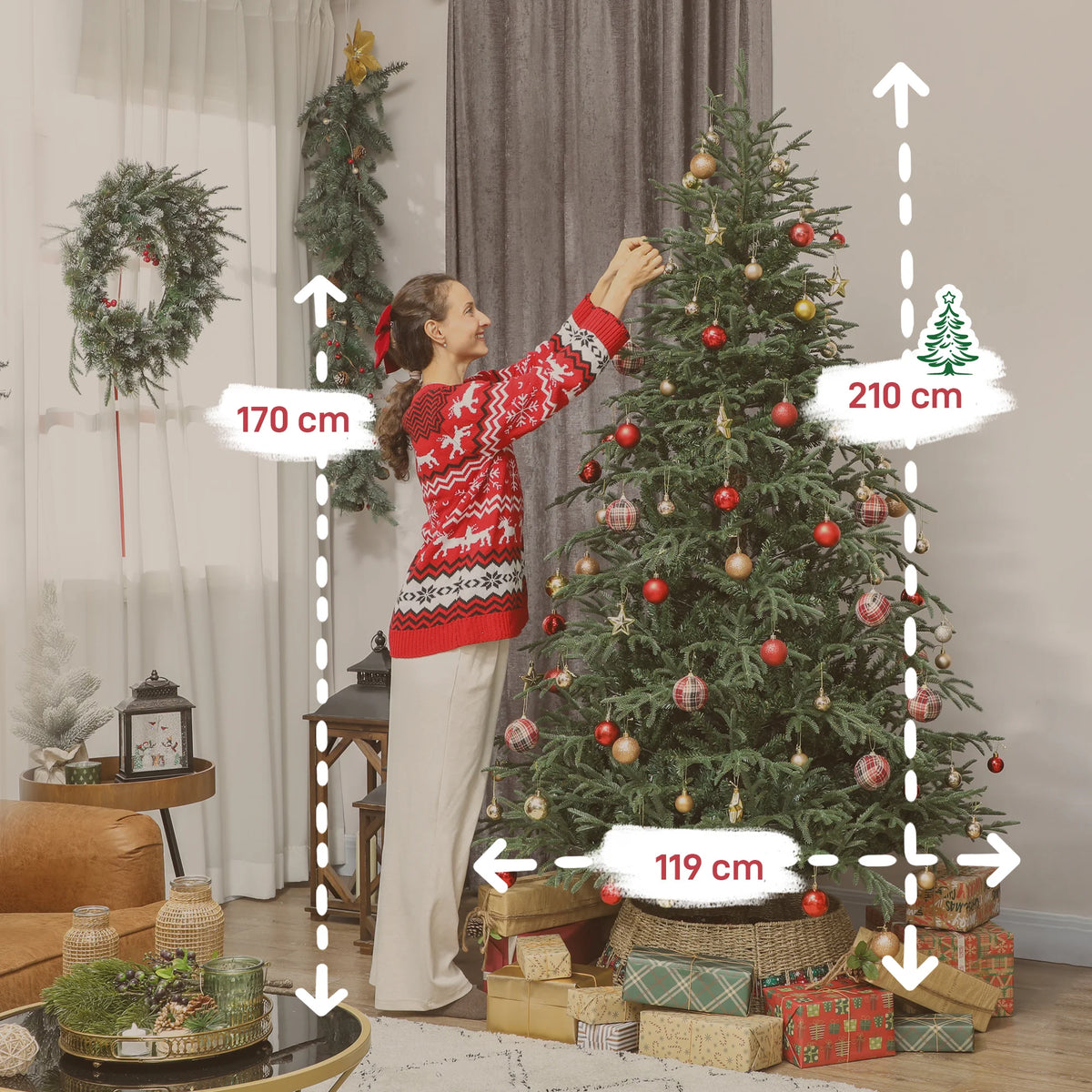 7ft Artificial Spruce Christmas Tree with Hinged Branches and Metal Stand, Green