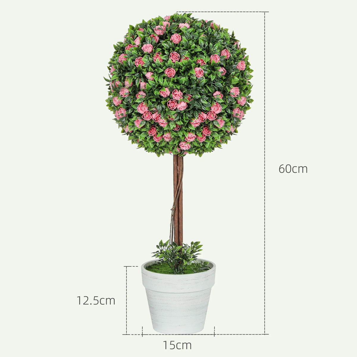 Set of 2 Artificial Ball Topiary Trees with Rose Flowers 60cm Potted UV Resistant Faux Plants Pink