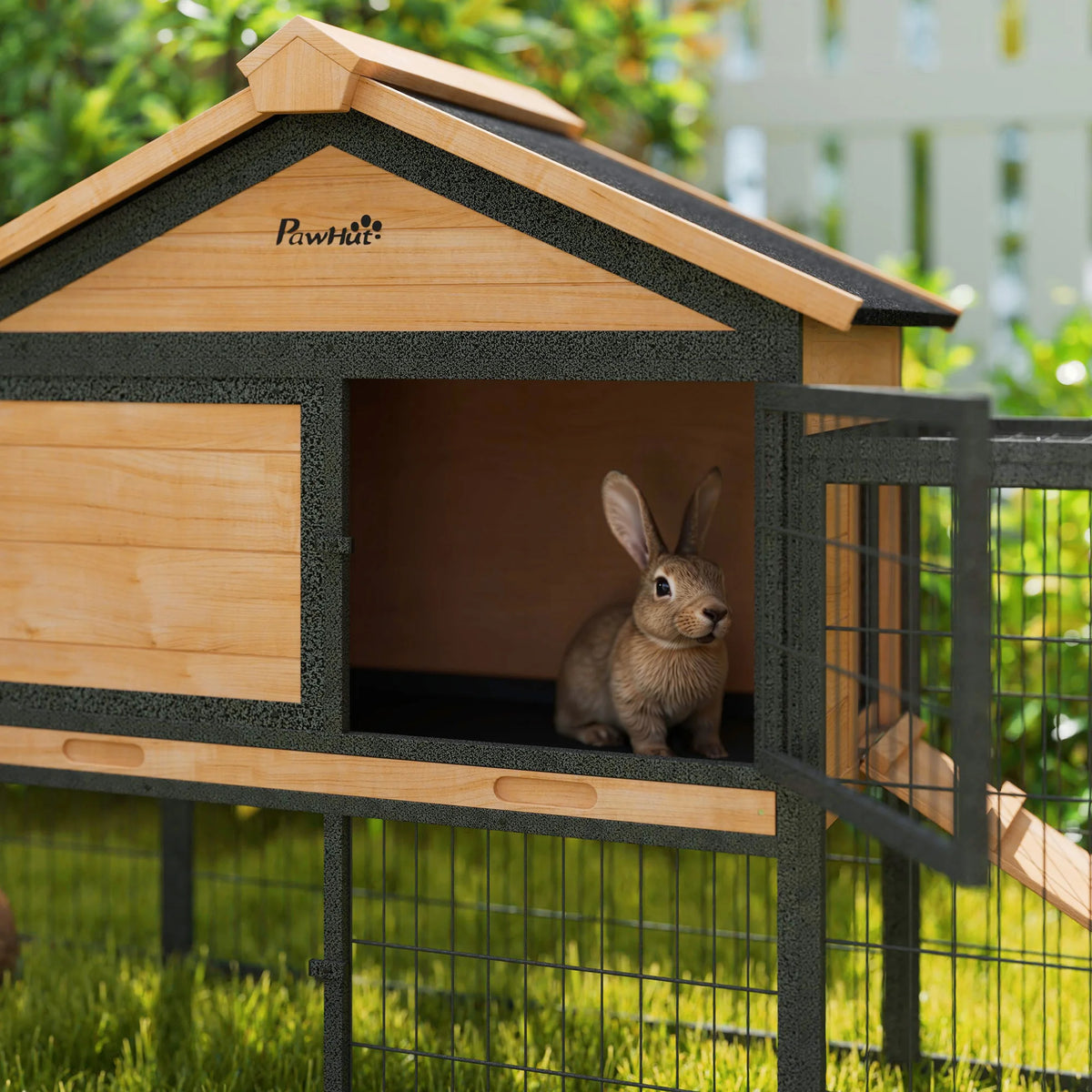 Outdoor Rabbit Hutch with Steel Run 217x53x86cm Guinea Pig Cage Asphalt Roof and Removable Tray Natural