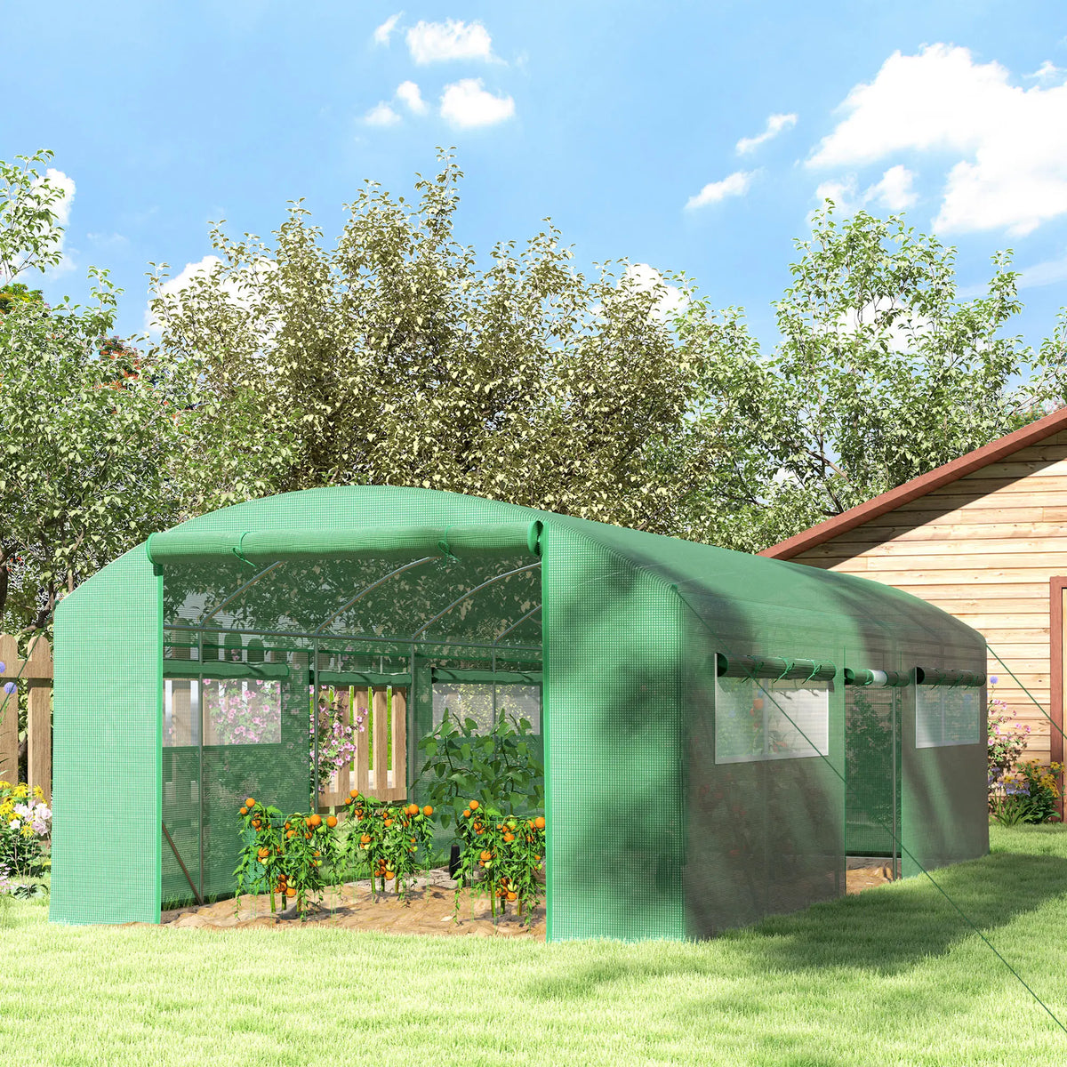 Walk In Polytunnel Greenhouse 6x3x2m with 3 Roll Up Doors 6 Mesh Windows 140gsm Reinforced Grid Cover