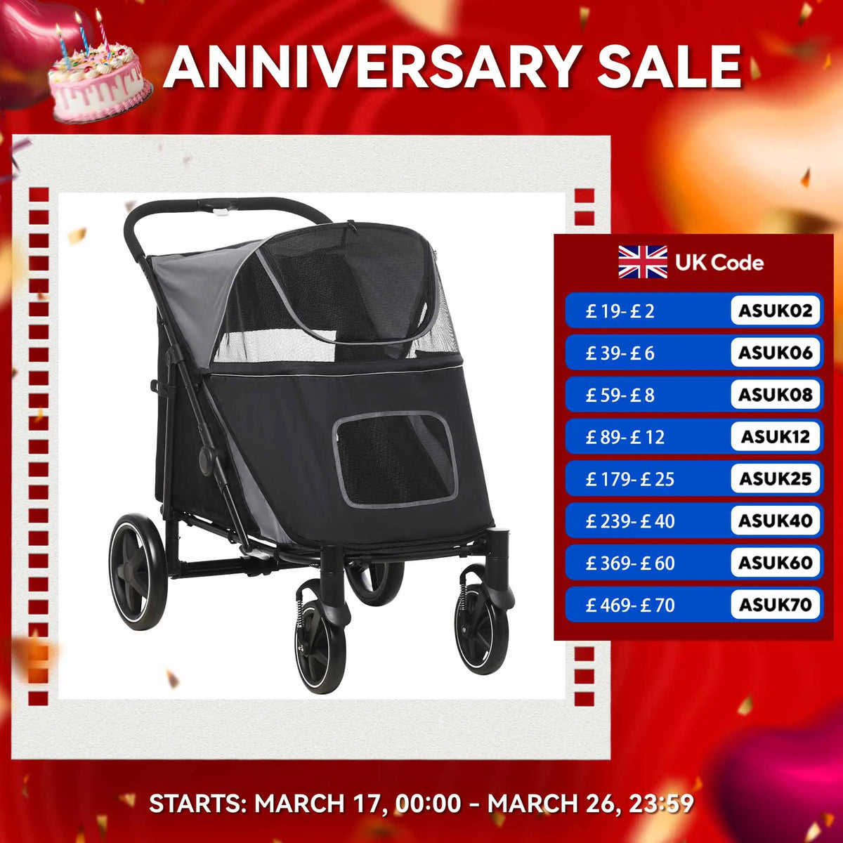 Foldable Dog Carriage w/ Universal Wheels, Shock Absorber