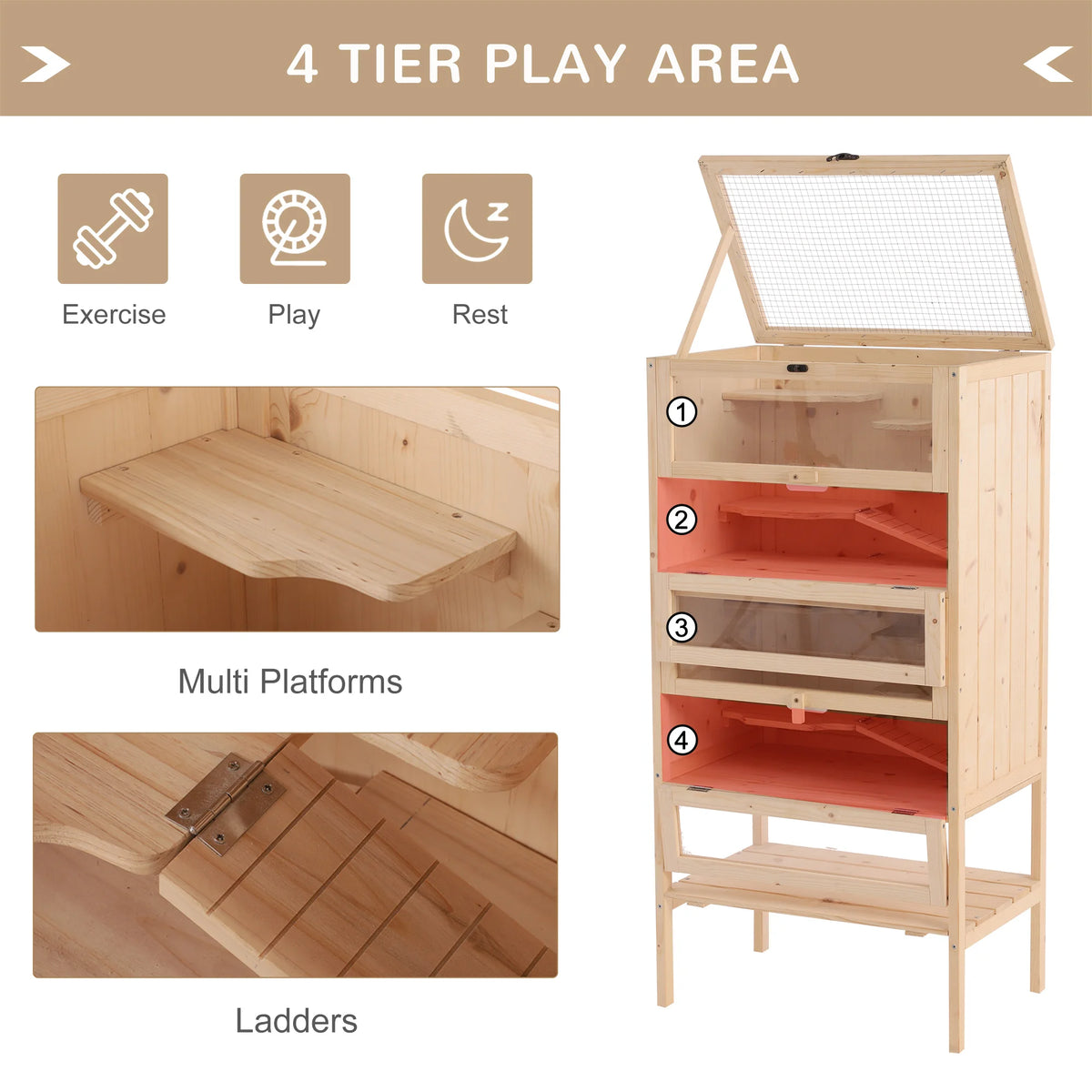 4-Tier Wooden Hamster and Gerbil Cage with Storage Shelf, 120cm