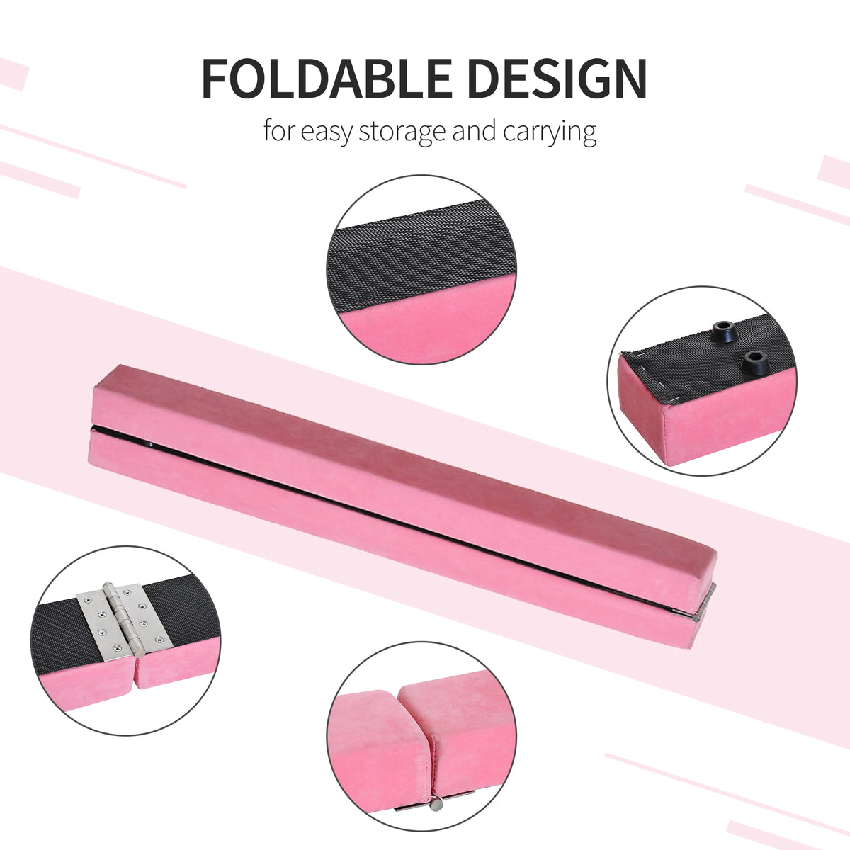 240cm Foldable Balance Beam Trainer, Gymnastics Practice Beam, Suede, Pink