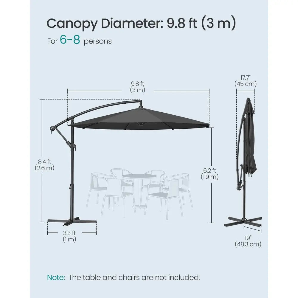 3m Cantilever Garden Parasol with Cross Base, Crank and Tilt, UPF 50, Grey