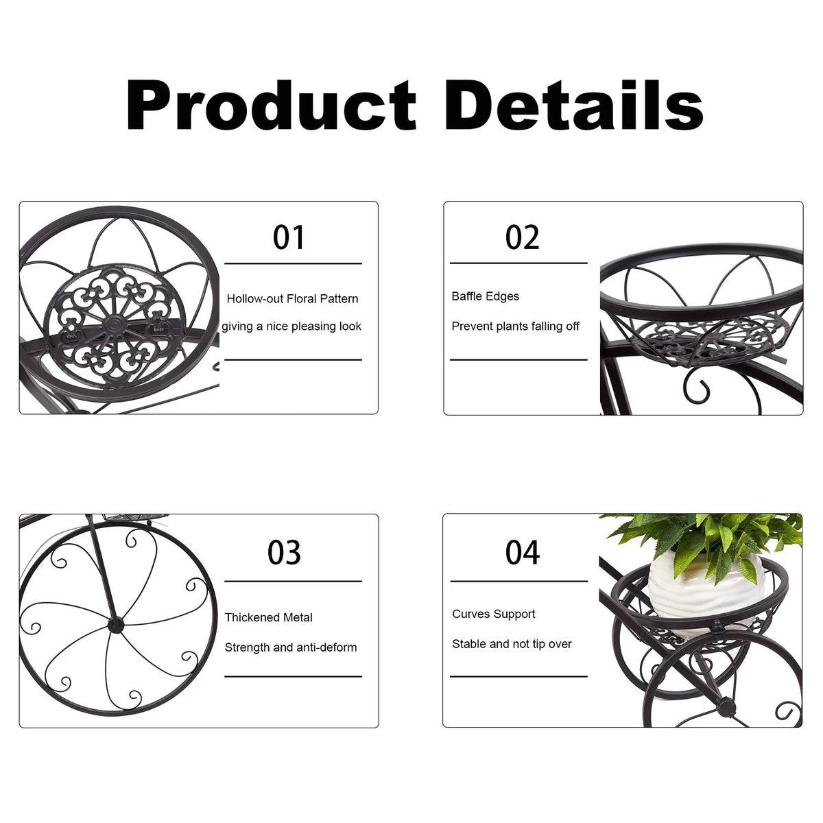 3 Tier Bicycle Shaped Iron Plant Stand 79.5x52cm 28kg Capacity Black for Living Room Garden Patio Balcony