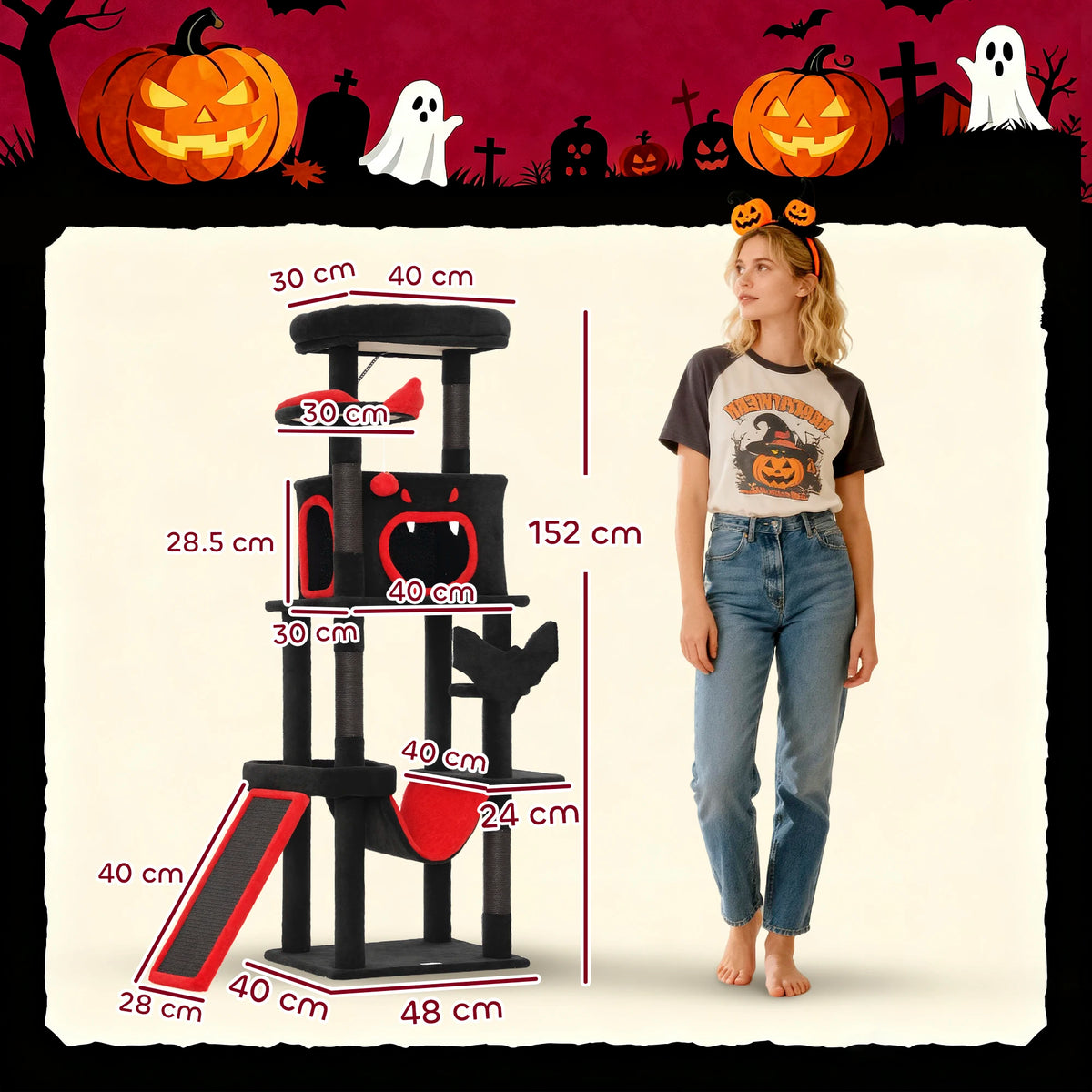 152cm Gothic Cat Tree Halloween Coffin Bed Large Condo Multi Level Black Red