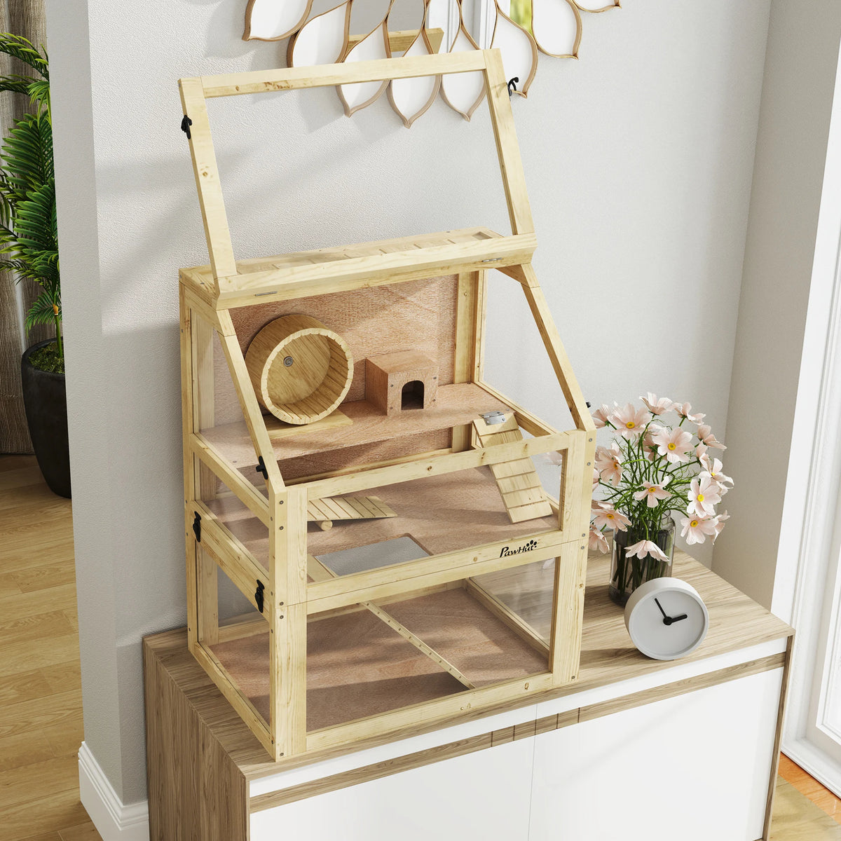 Wooden Hamster Cage, 3 Tier Gerbil Cage with Detachable 32cm Deep Bottom, Hut, Seesaw, Ramps, Natural Wood Finish
