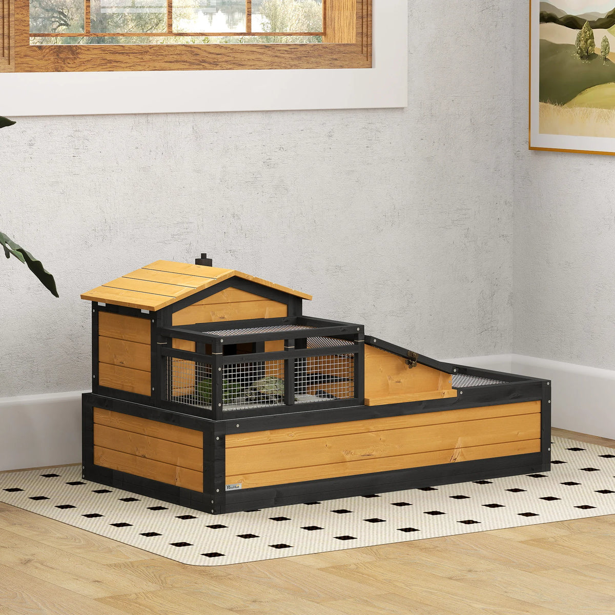 Wooden Tortoise House, Indoor Outdoor with Balcony, Tray, Openable Roof