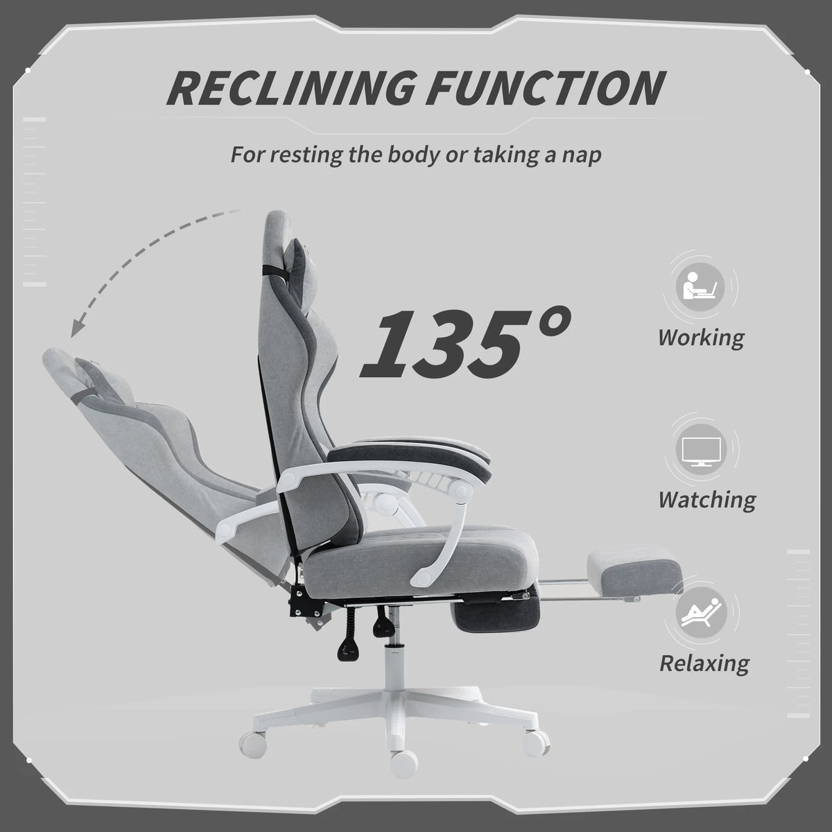 Velvet Reclining Office Chair with Footrest and Headrest, Adjustable Height Desk Chair, Grey