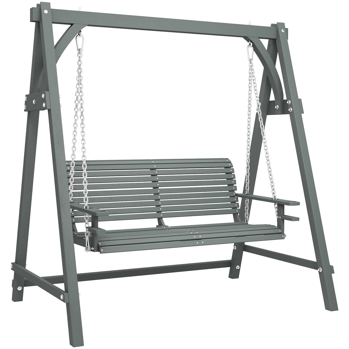 2 Seater Wooden Garden Swing Seat with Cup Trays and Galvanised Chains, Grey