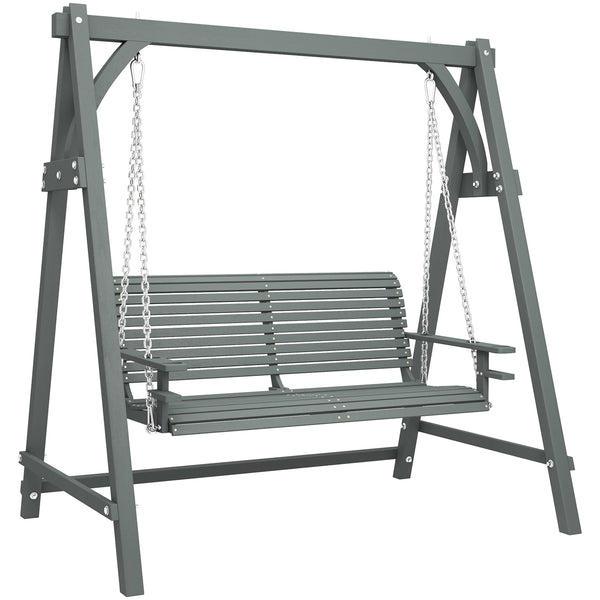 2 Seater Wooden Garden Swing Seat with Cup Trays and Galvanised Chains, Grey
