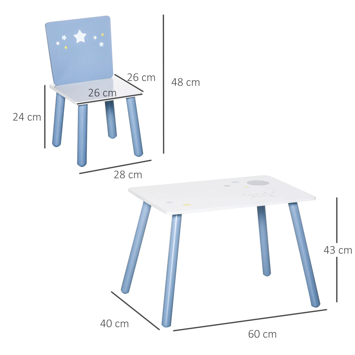 Kids chair with rounded corners and pine legs, 48cm tall