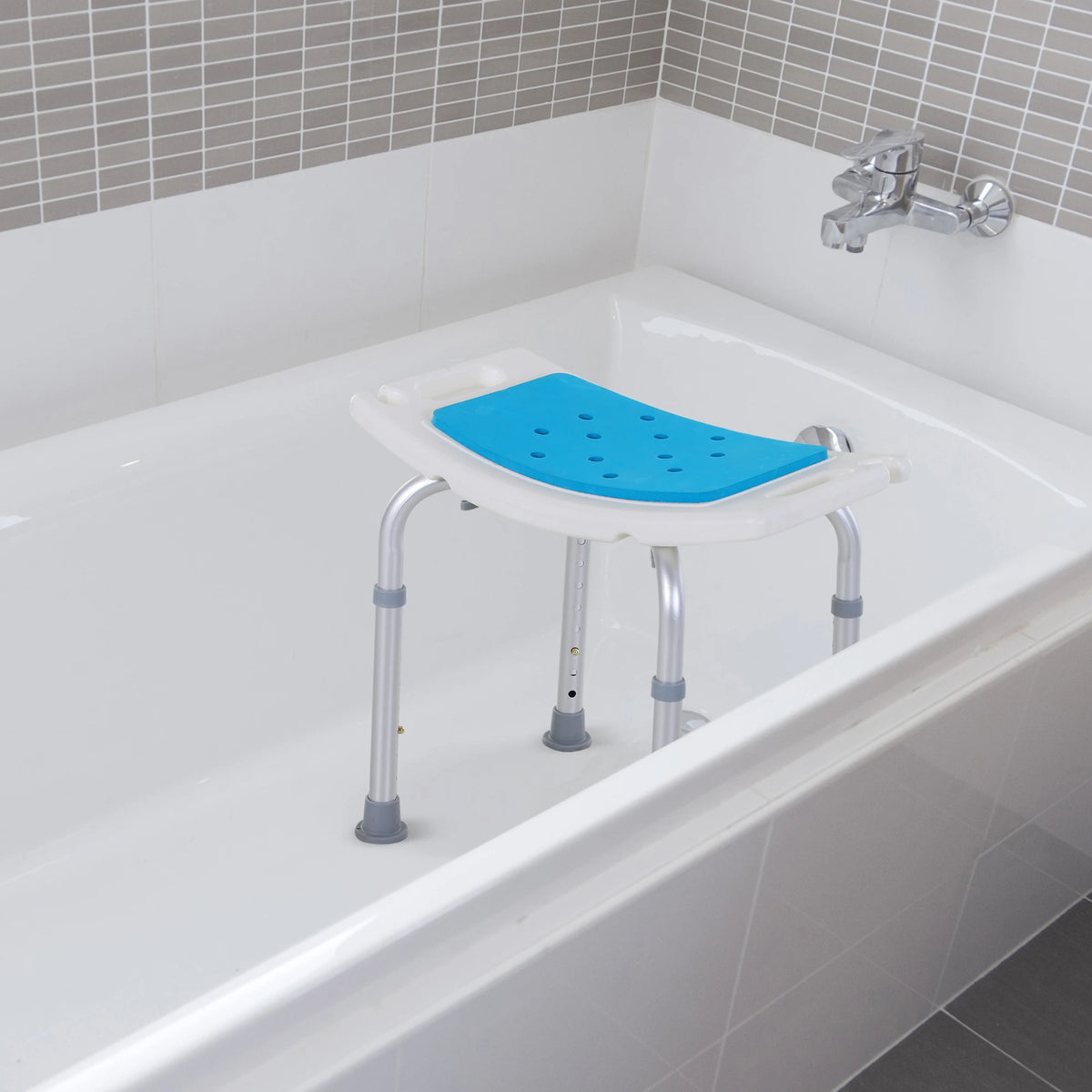 Adjustable Bath Stool with Non-Slip Feet and Drainage Holes, Aluminium Shower Seat, Blue