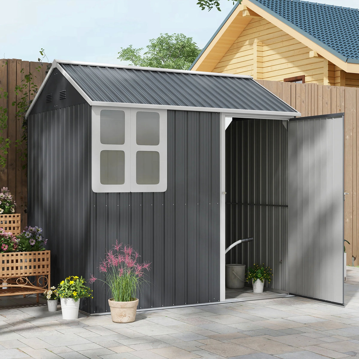 7 x 6 ft Metal Garden Shed, Outdoor Storage Shed with Door, Sloped Roof, Dark Grey