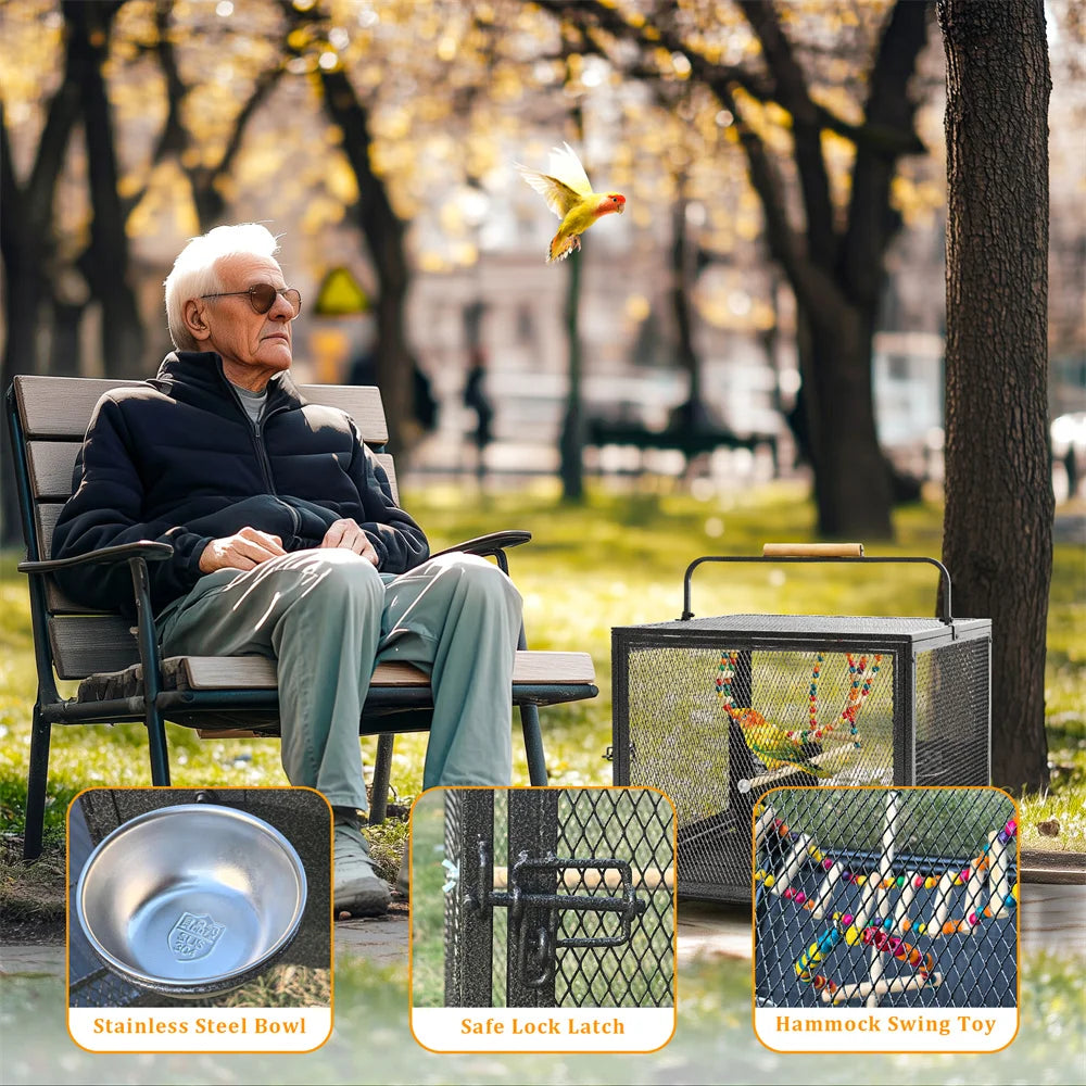 Heavy-Duty Metal Travel Bird Cage with Handle, Perches and Toys, 58 x 46 x 56cm
