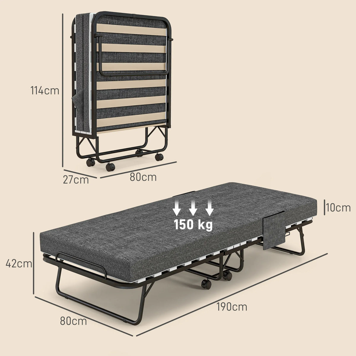 Folding Guest Bed with 10 cm Mattress and Lockable Wheels, Single 190 x 80 cm, Dark Grey