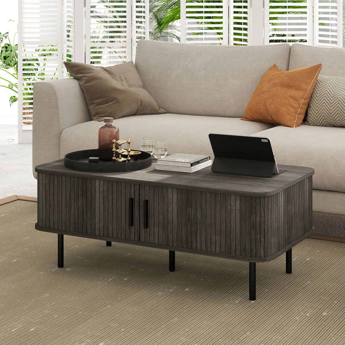 Coffee Table with Storage and Sliding Tambour Doors, Grey Wood-Effect