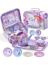 Unicorn Tea Party Set for Girls Princess Pretend Play Tin Teapot Set with Cups Plates and Storage Case