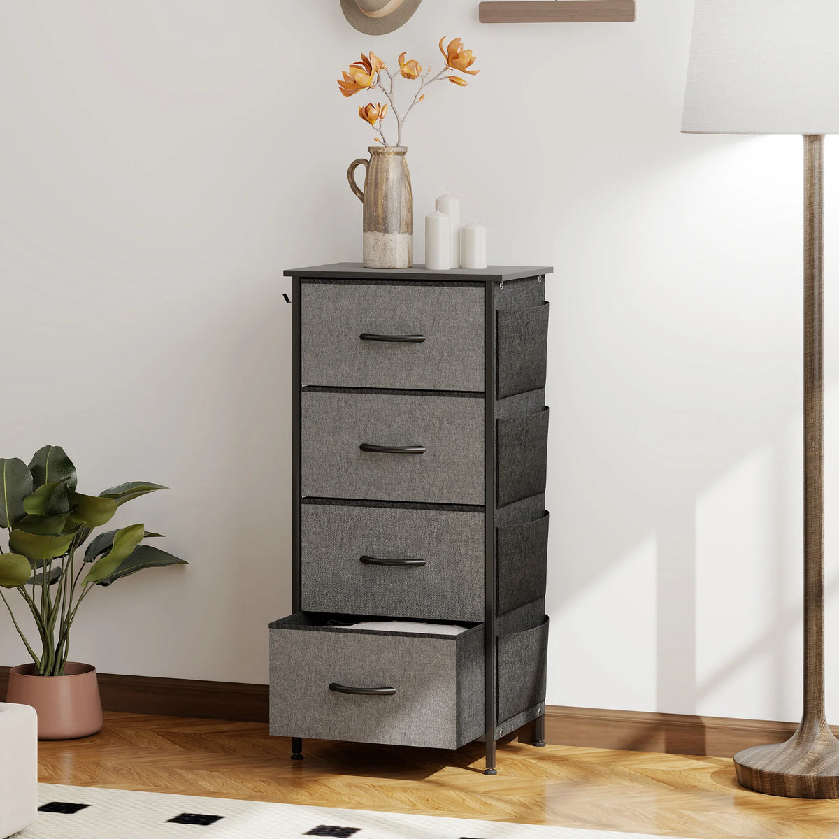 Fabric Chest of 4 Drawers with 4 Side Pockets 2 Hooks Steel X Bar Frame Adjustable Feet Charcoal Grey