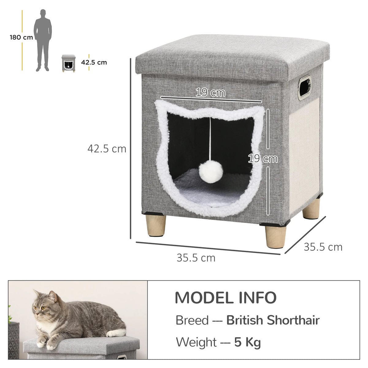 2 in 1 Cat Bed and Ottoman with Removable Washable Cushion Scratching Pad Hanging Ball and Handles