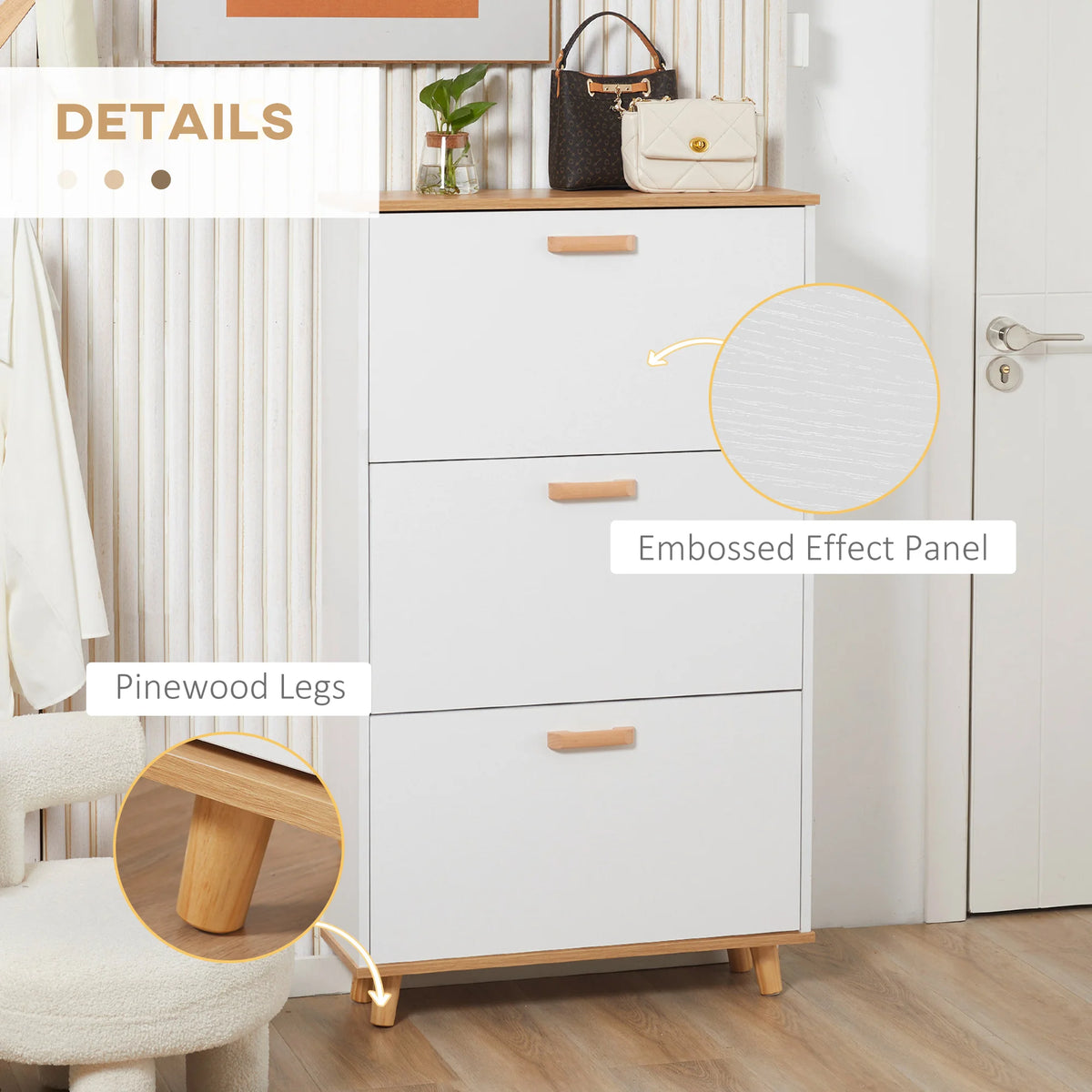 Slim Shoe Cabinet with 3 Flip-Down Drawers and Adjustable Shelves, White