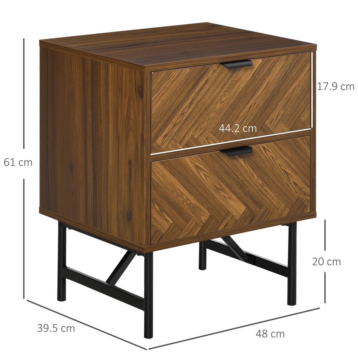 Two-Drawer Herringbone Bedside Table, Bedroom Storage Cabinet, Brown