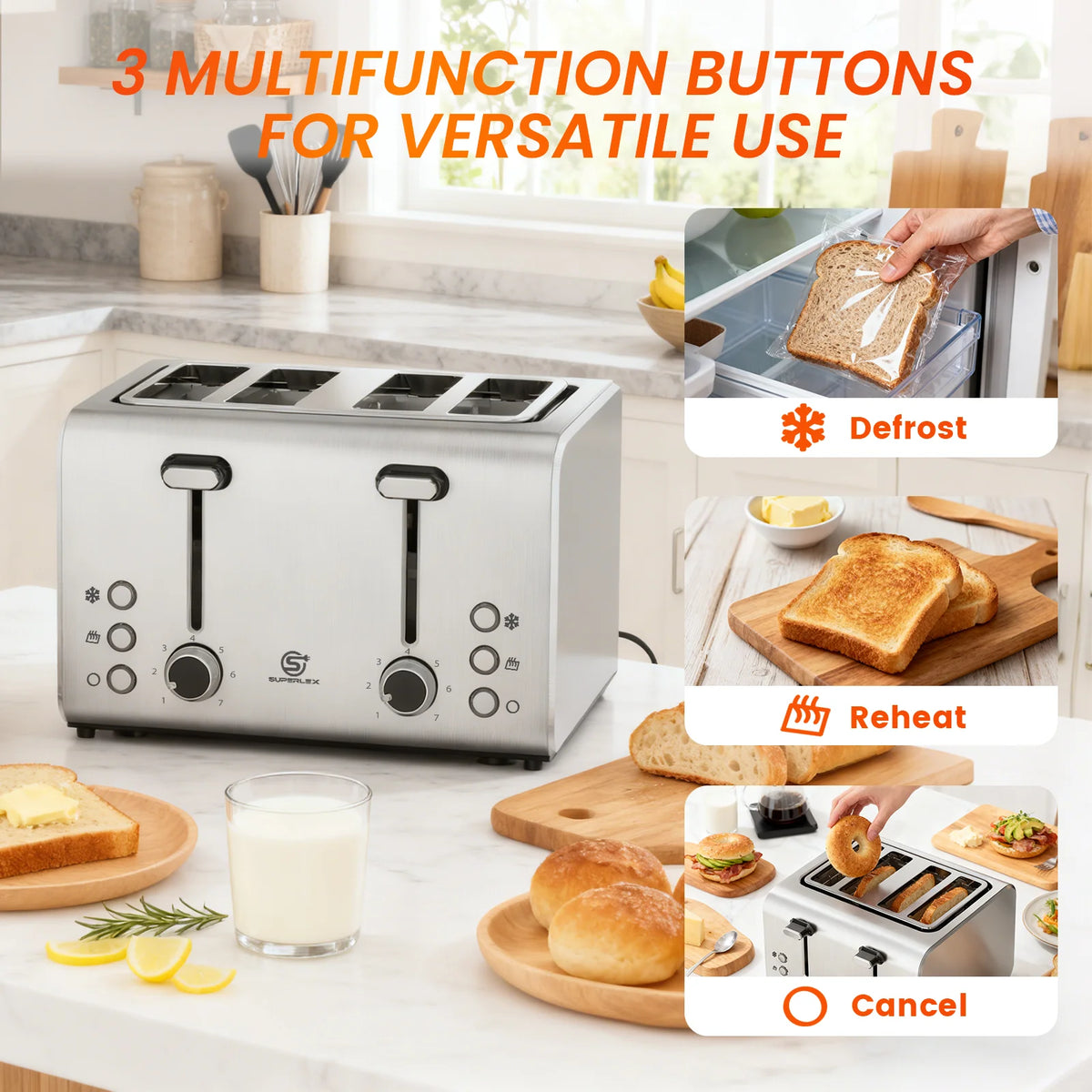 4 Slice Toaster 1600W Stainless Steel with 7 Browning Settings Defrost Reheat Function and Removable Crumb Tray