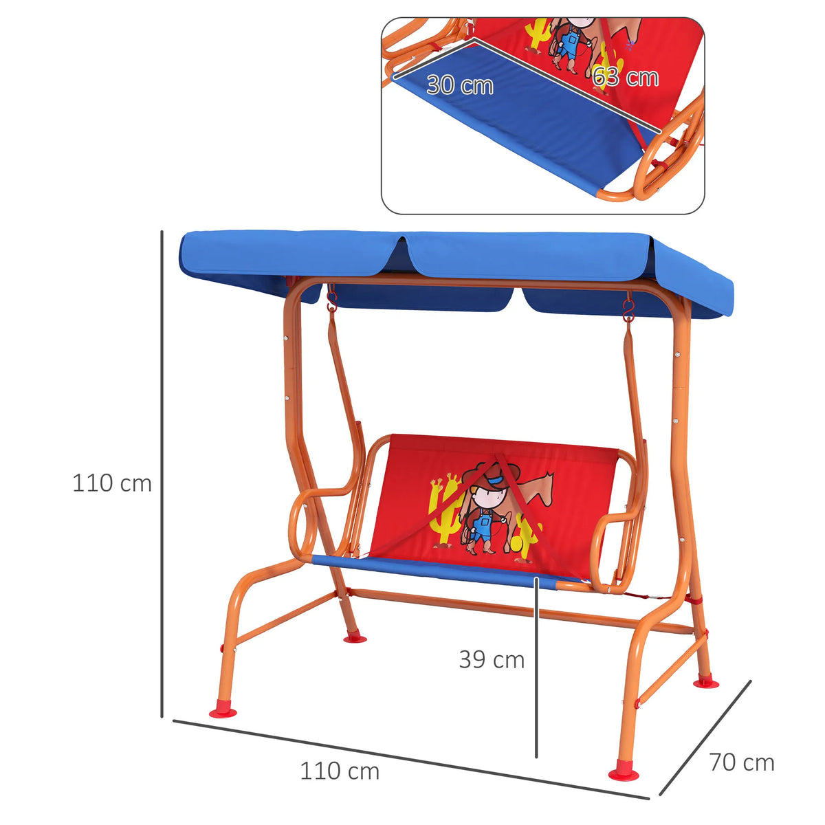 2 Seater Kids Swing Chair with Adjustable Canopy Seatbelts Cowboy Design Steel Frame Indoor Outdoor