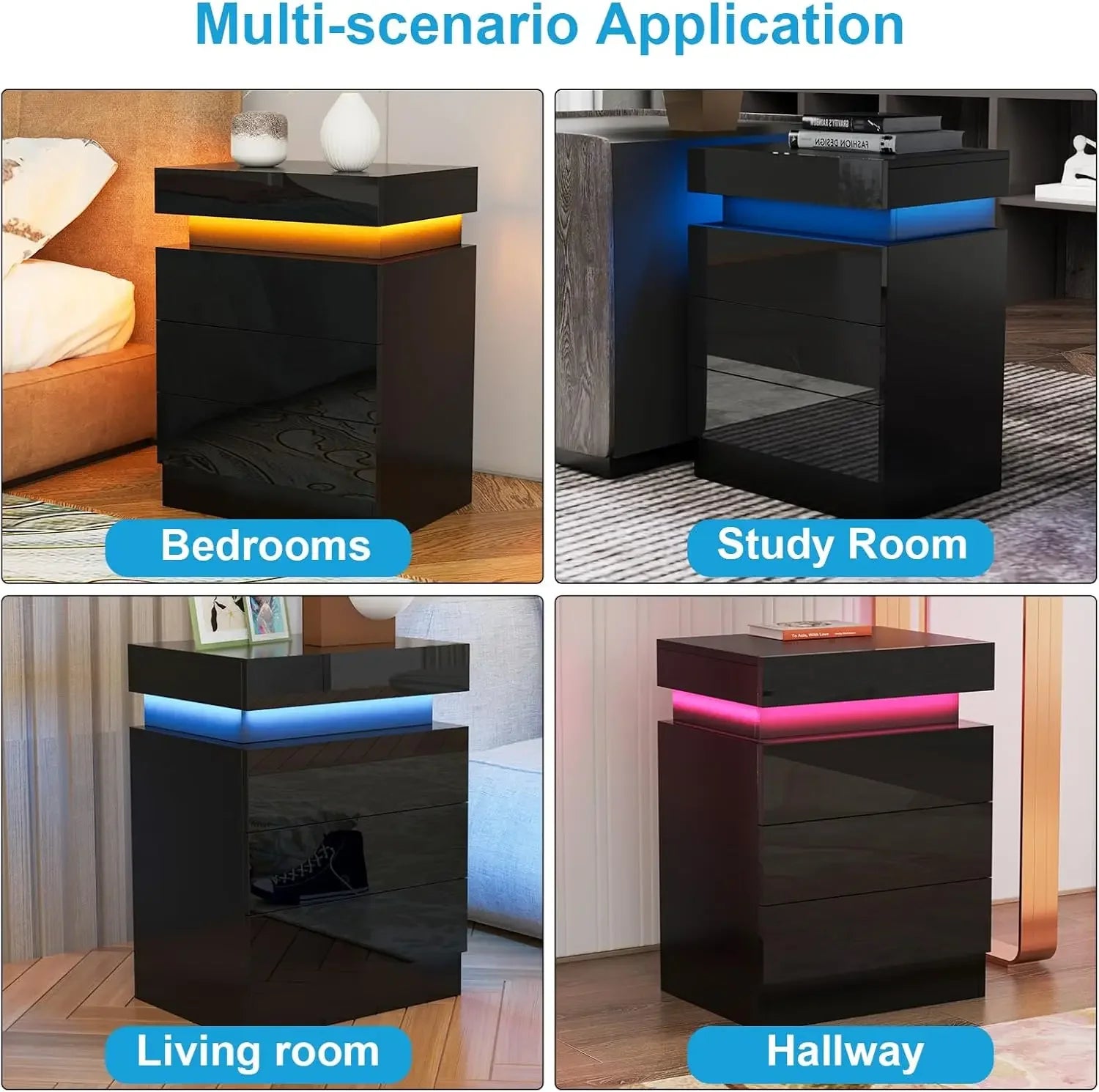 Farmhouse Wooden Nightstand with 3 Drawers, LED Light Strip and Charging Station | 2AC 2USB UK Plug Bedside Table