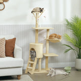 134cm Cat Tree with Condo Hammock Scratching Posts 3 Toy Bars 4 Mice Toys Plush Indoor Cat Tower Beige