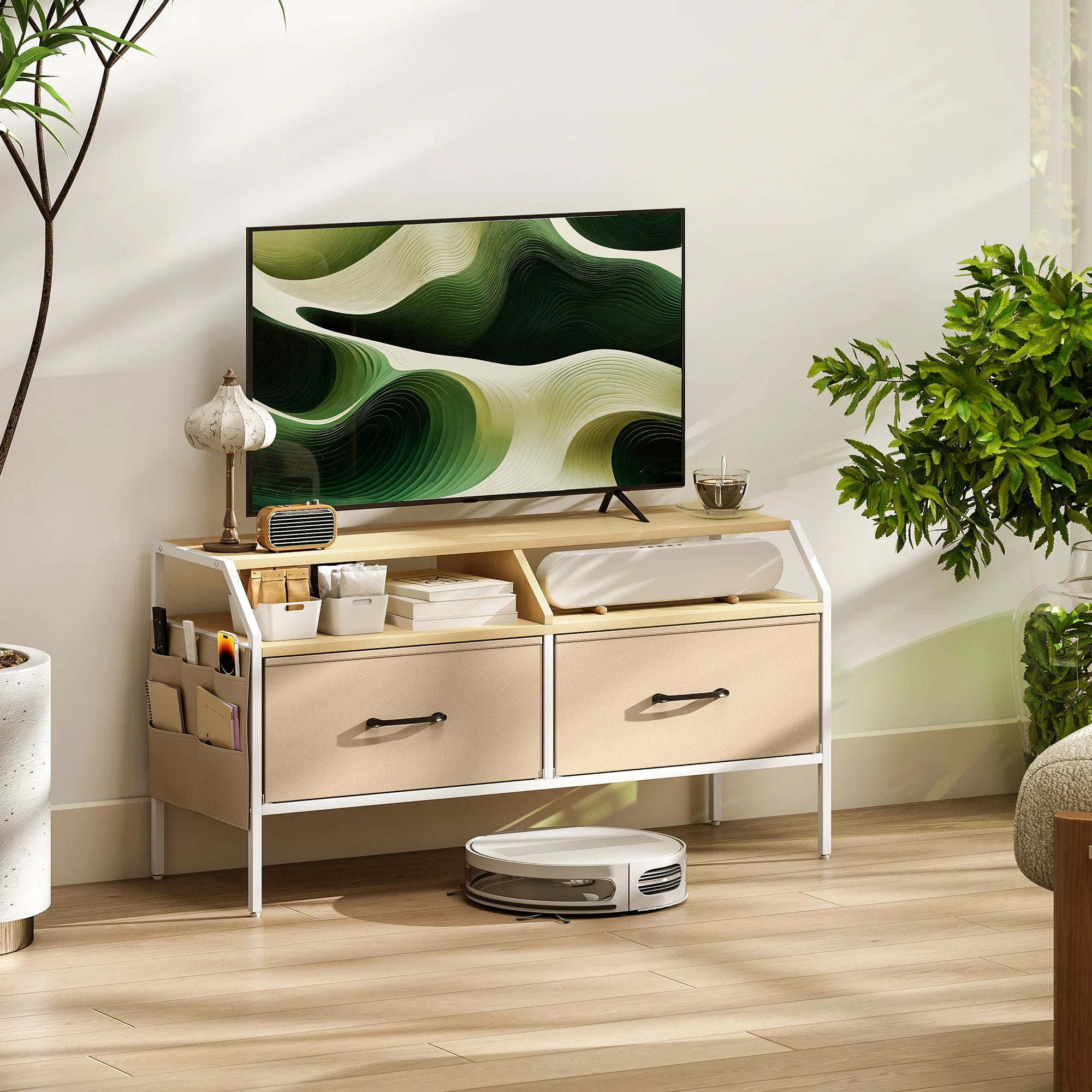 55 Inch TV Stand Cabinet with 2 Foldable Fabric Drawers, Side Pockets and Industrial Style Design