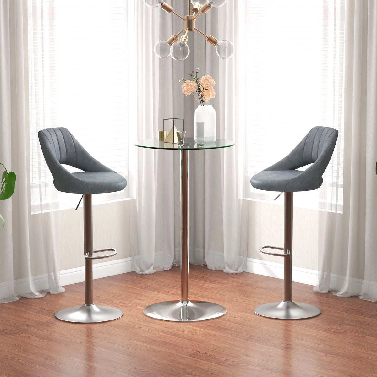 Round Bar Table for 2 with Tempered Glass Top Polished Galvanised Steel Base Non Slip Foot Pad Pub Height