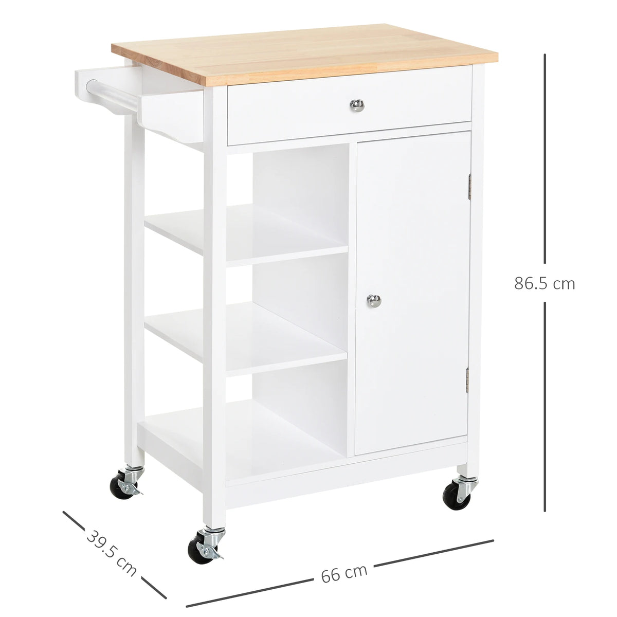 Kitchen Storage Trolley with Wooden Top, Drawer, Cupboard and Side Rail, White